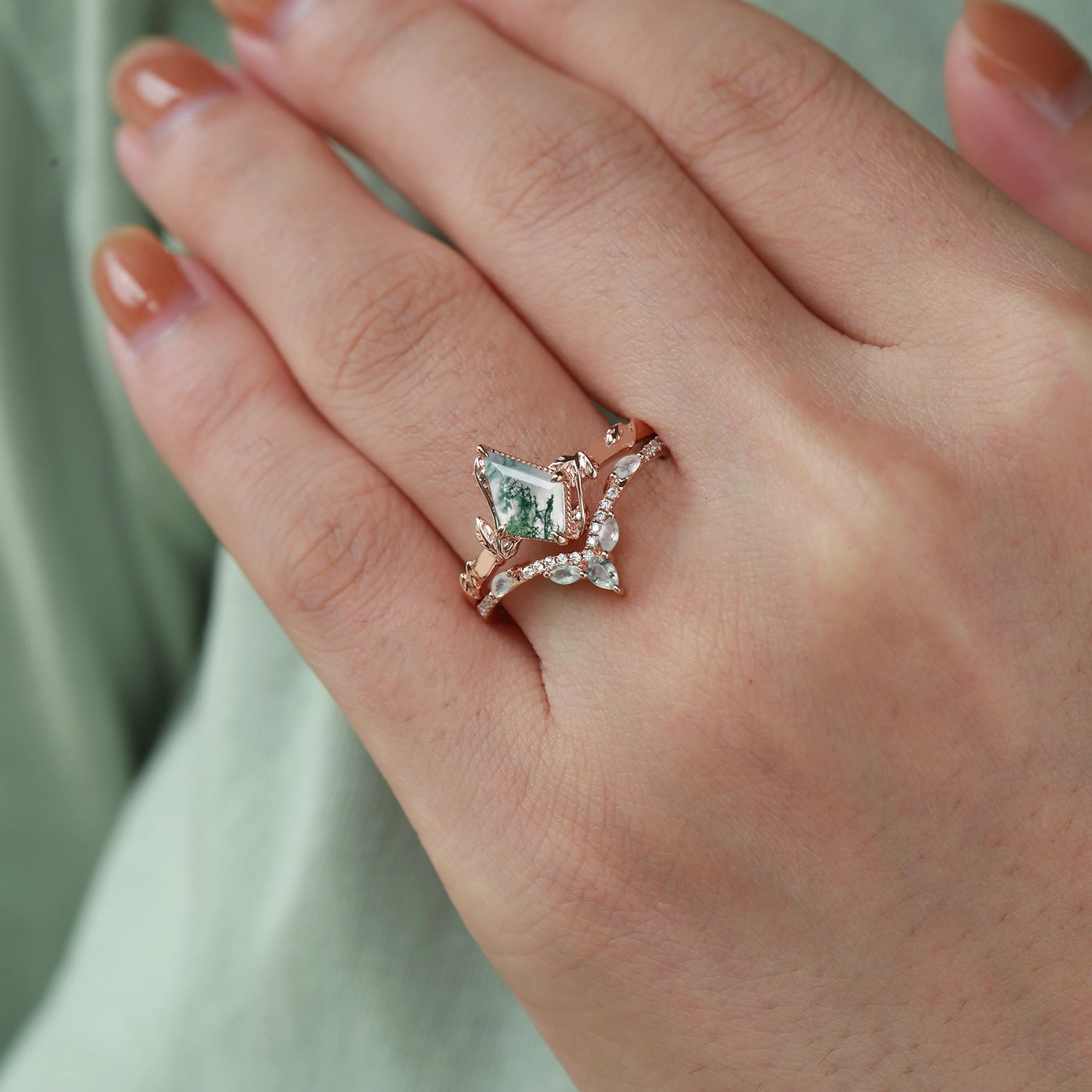 Black Gold Kite Cut Moss Agate Leafy Ring Sets 2pcs - Lark Graceful Piece Instant Edge