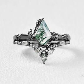 Fashionable Accent Refined Form Black Gold Kite Cut Moss Agate Leafy Ring Sets 2pcs - Lark