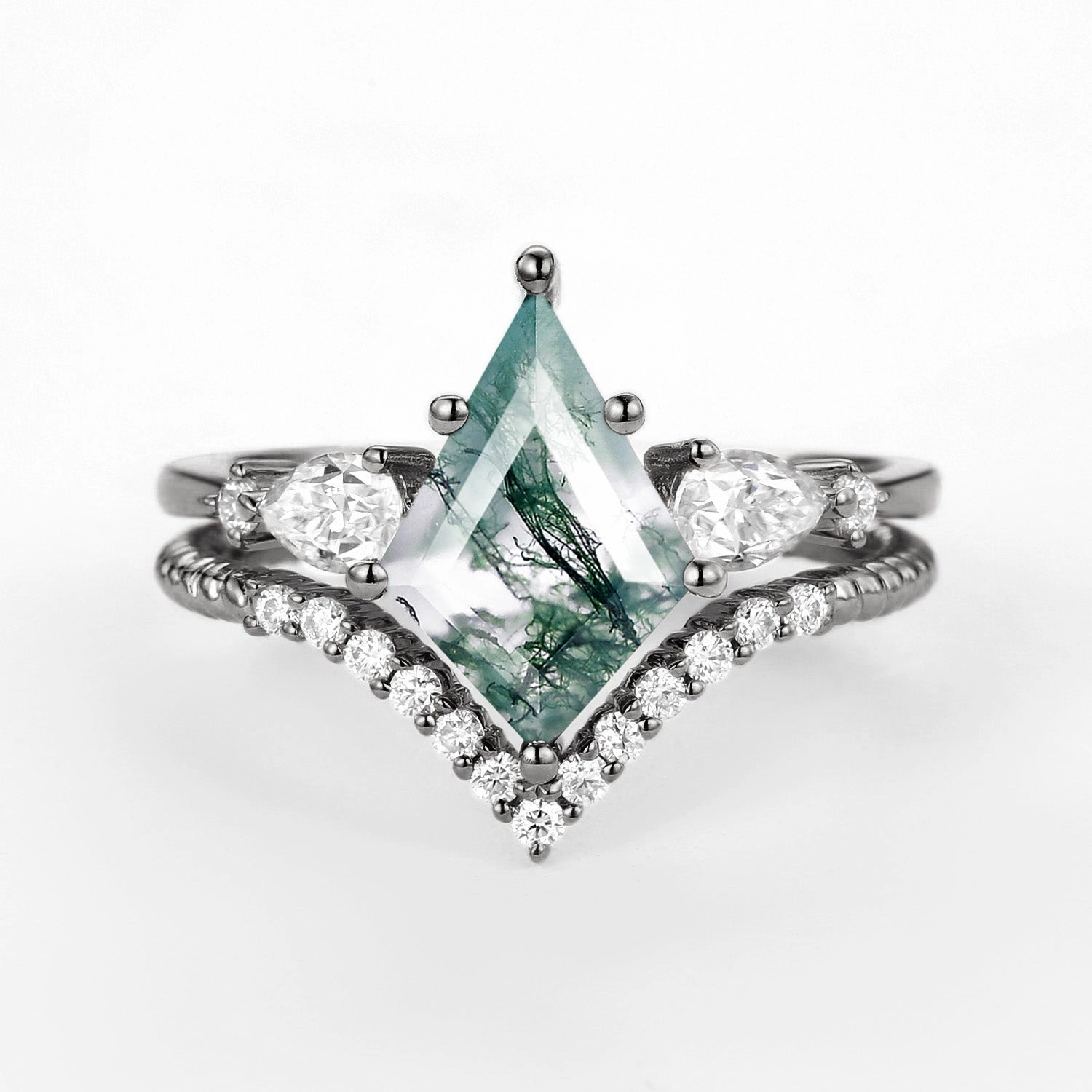 Black Gold Kite Moss Agate Three Stones Engagement Ring Set 2pcs Minimal Accent