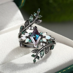 Captivating Piece Black Gold Lab Alexandrite & Opal & Emerald Cage Leafy Engagement Ring 2pcs - Knight
