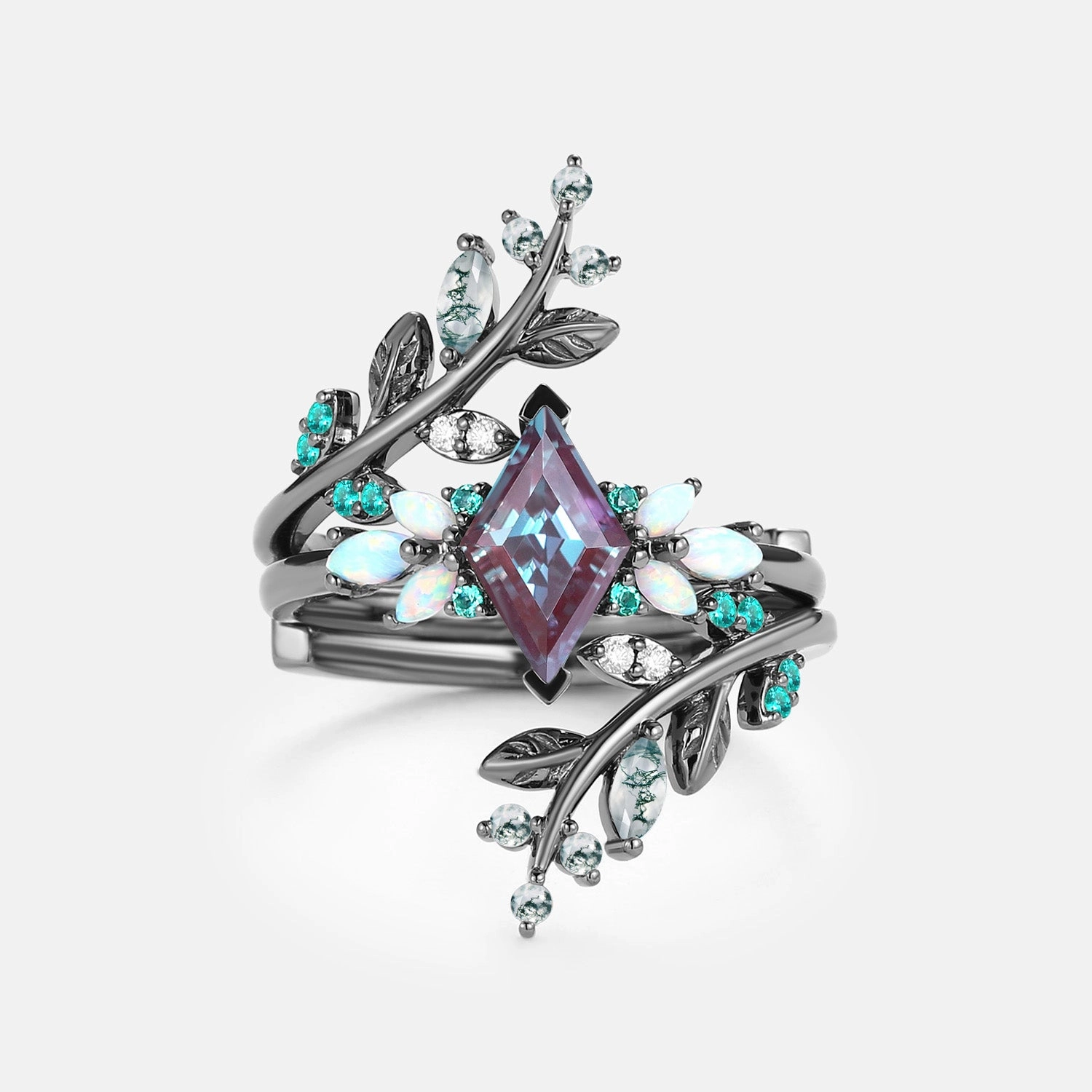 Bold Texture Elegant Detailing Black Gold Lab Alexandrite & Opal & Emerald Cage Leafy Engagement Ring 2pcs - Knight