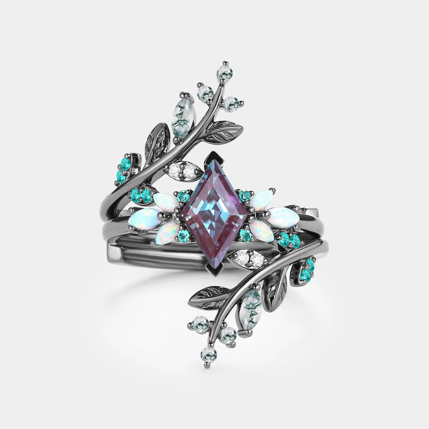 Striking Detail Outdoor Style Black Gold Lab Alexandrite & Opal & Emerald Cage Leafy Engagement Ring 2pcs - Knight