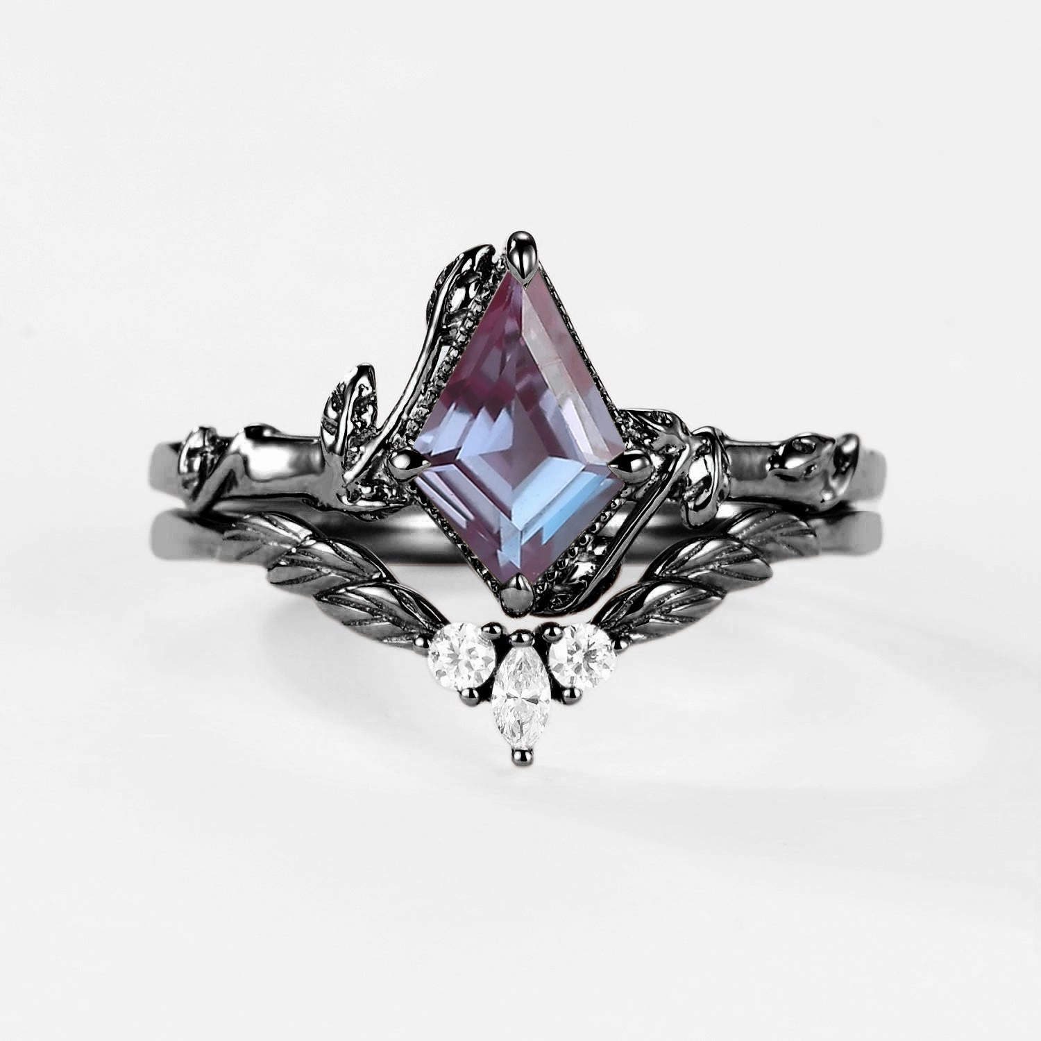 Black Gold Lab Alexandrite Leafy Inspired Engagement Ring Sets 2pcs Timeless Piece