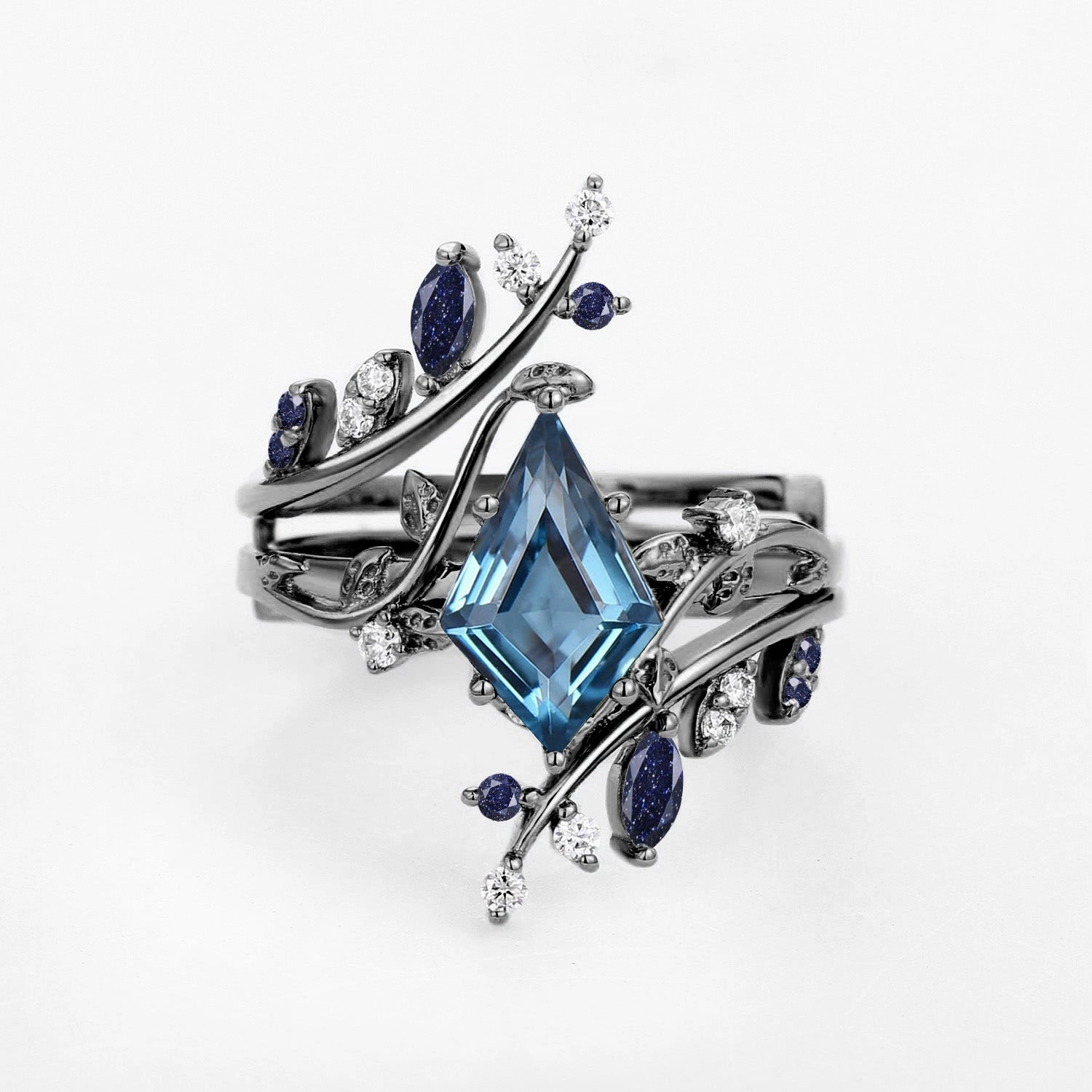 Eye-Catching Craft Edgy Mood Black Gold London Blue Topaz & Sandstone Cage Leafy Engagement Ring Sets 2pcs
