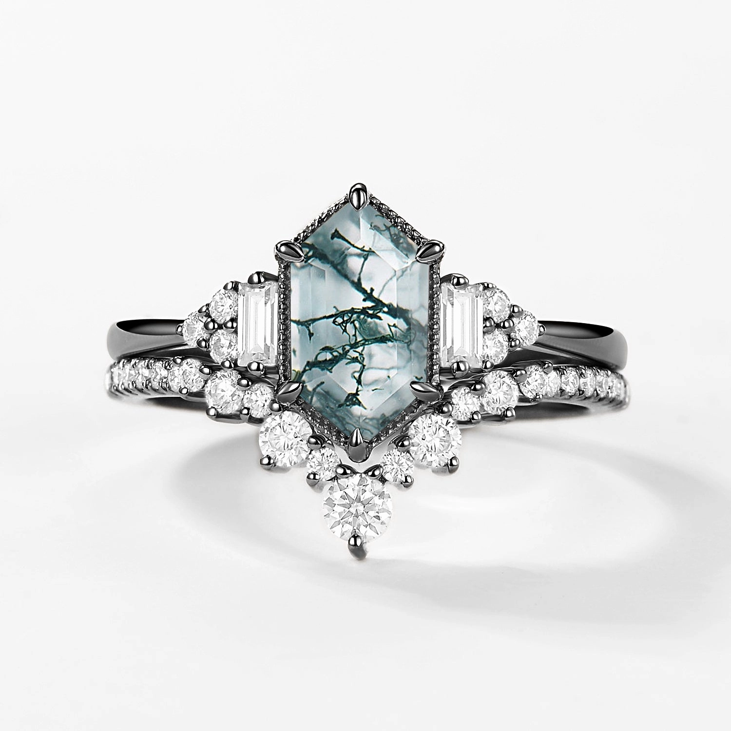 Black Gold Long Hexagon Moss Agate Milgrain Engagement Ring Set 2pcs Exquisite Shine Subtle Elegance