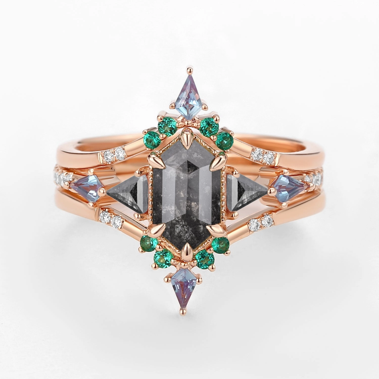 Soft feature Petite Shine Black Gold Long Hexagon Salt and Pepper Diamond & Opal & Alexandrite & Emerald Engagement Ring Set 3pcs - Max