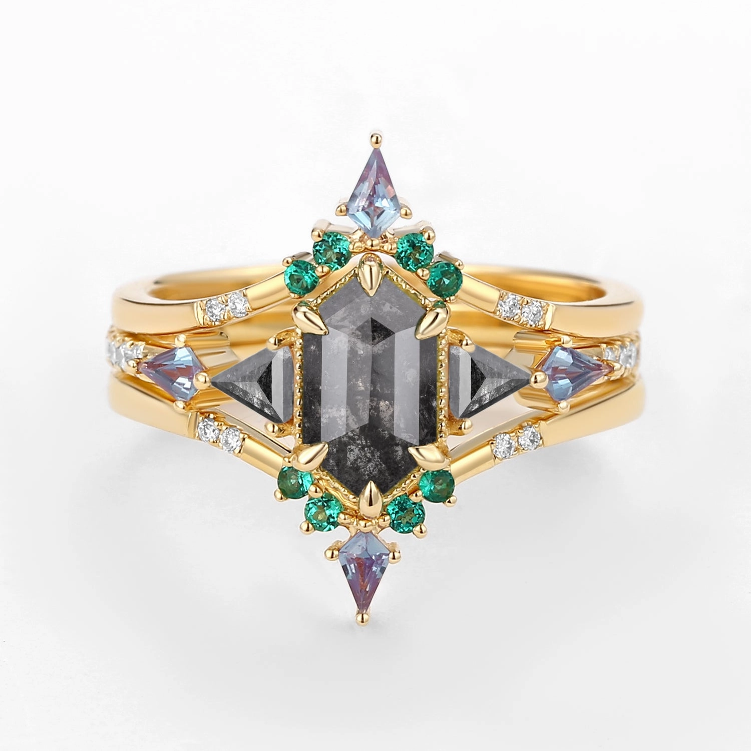 City Elegance Black Gold Long Hexagon Salt and Pepper Diamond & Opal & Alexandrite & Emerald Engagement Ring Set 3pcs - Max