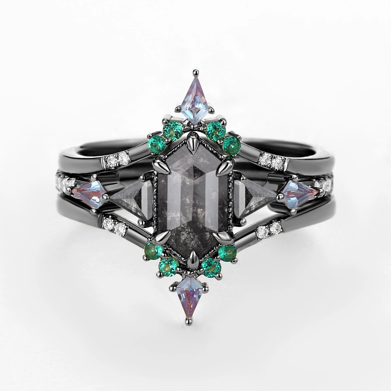 Distinctive Shine Custom pieces Black Gold Long Hexagon Salt and Pepper Diamond & Opal & Alexandrite & Emerald Engagement Ring Set 3pcs - Max
