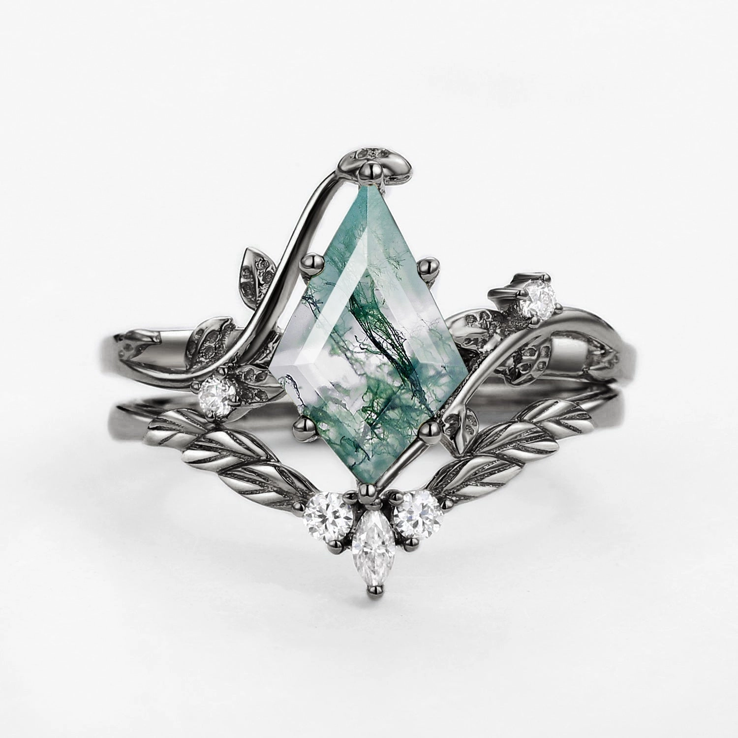 Black Gold Moss Agate Kite Cut Vine Engagement Ring Set 2pcs - Twigs Shine Factor