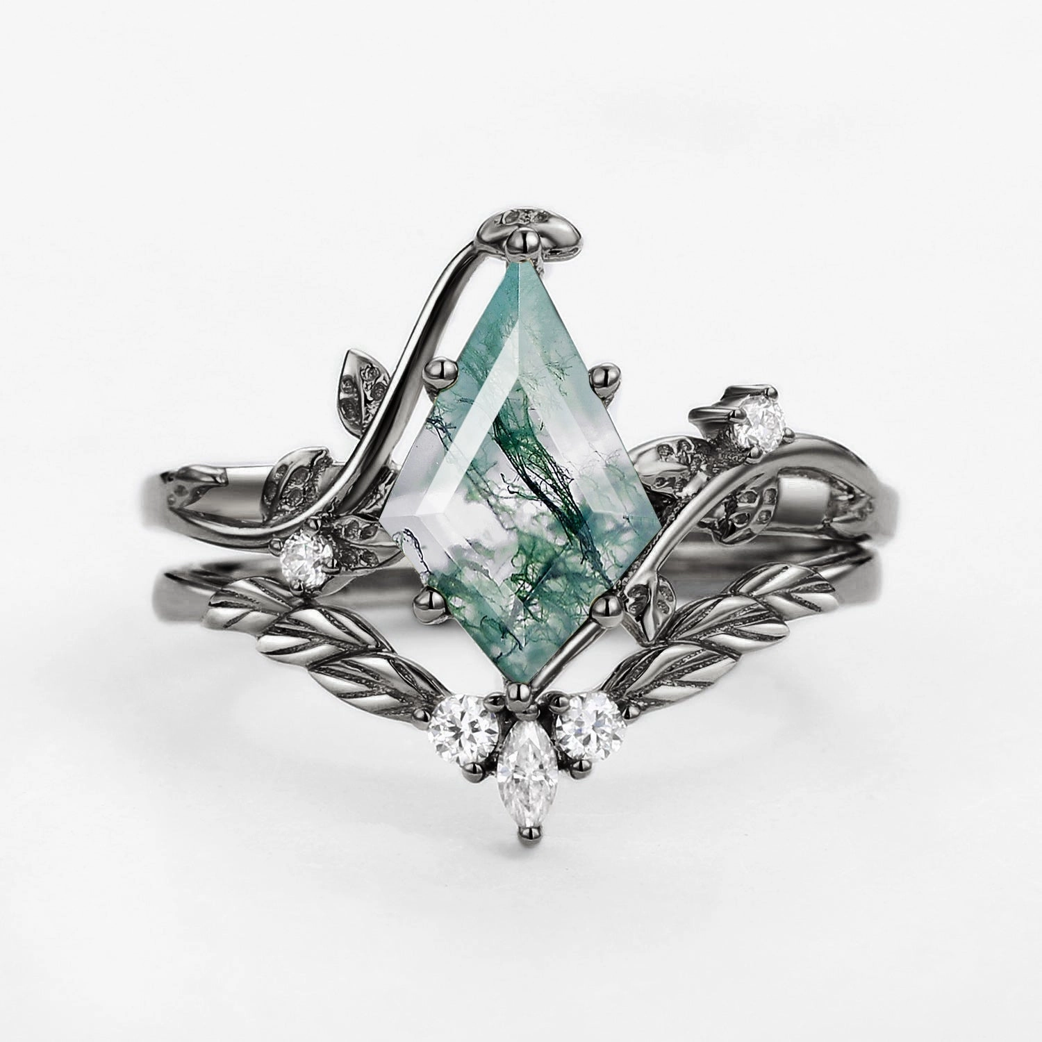 Black Gold Moss Agate Kite Cut Vine Engagement Ring Set 2pcs - Twigs Minimalist Accent Sparkle Ready