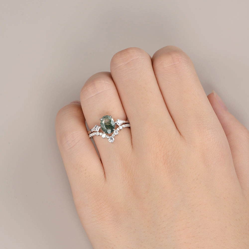 Understated Elegance Black Gold Oval Moss Agate Three Stones Engagement Ring Set 2pcs