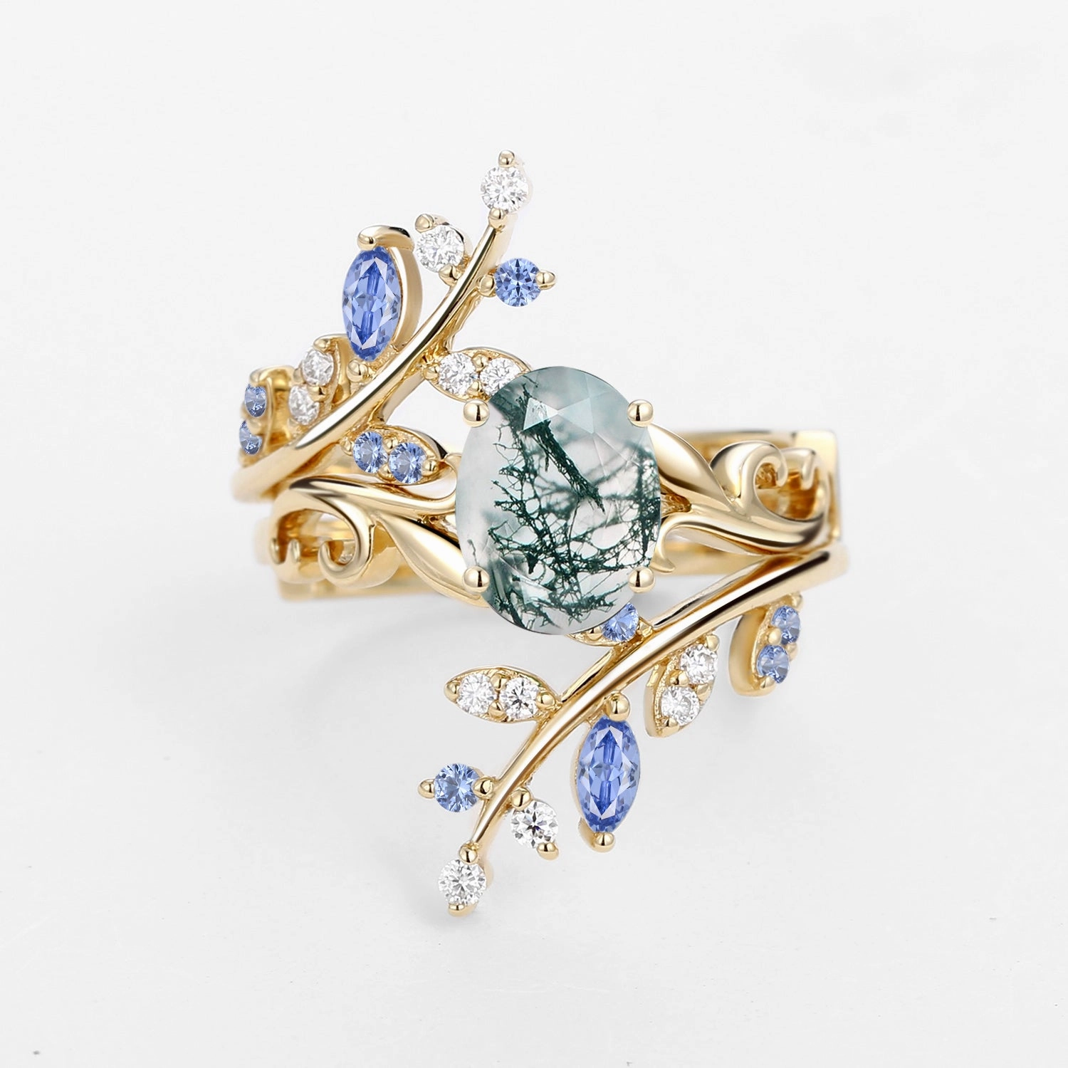 Elegant Creations Black Gold Oval Shaped Lab Cornflower Blue Sapphire Engagement Ring Sets