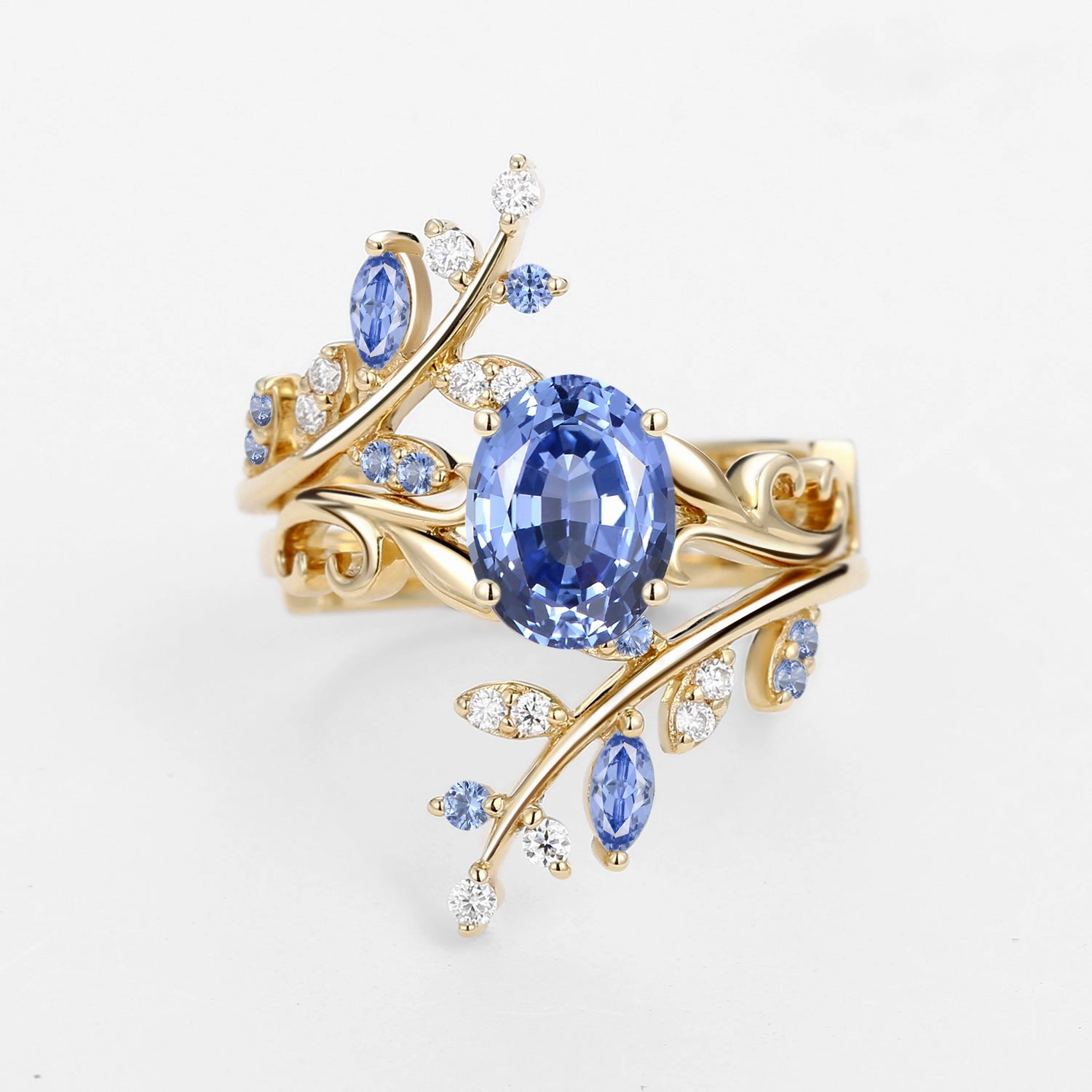 Formal Event Black Gold Oval Shaped Lab Cornflower Blue Sapphire Engagement Ring Sets