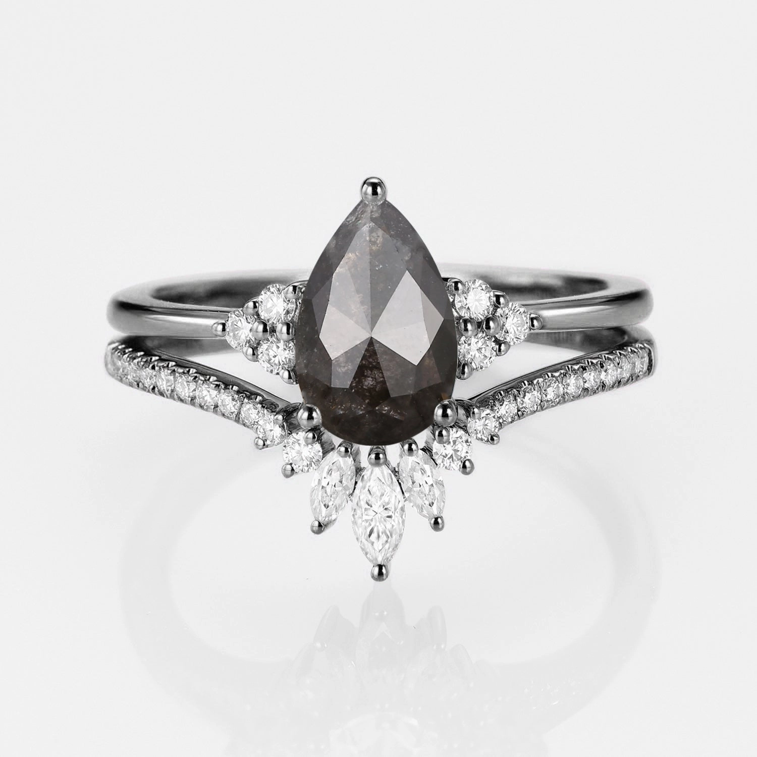 Black Gold Pear Moissanite Engagement Ring Set 2pcs - Lydia Artful Detail Night Accent