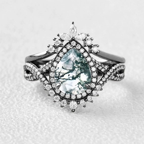 Black Gold Pear Shaped Moss Agate Antique Halo Infinity Ring Sets 2pcs Casual Combo Gentle Accent