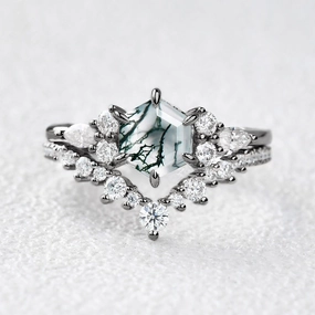 Unique Shape Luxury Jewelry Black Gold Perfect Hexagon Cut Moss Agate Engagement Ring Set 2pcs