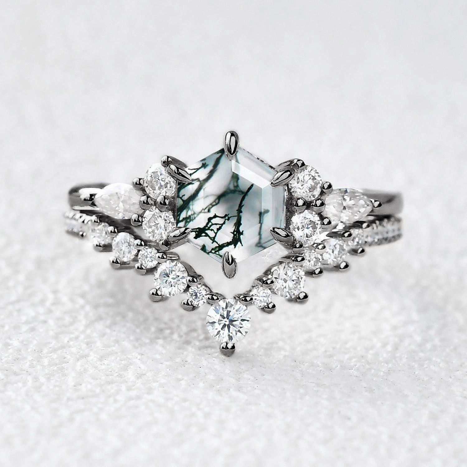 Unique Shape Luxury Jewelry Black Gold Perfect Hexagon Cut Moss Agate Engagement Ring Set 2pcs