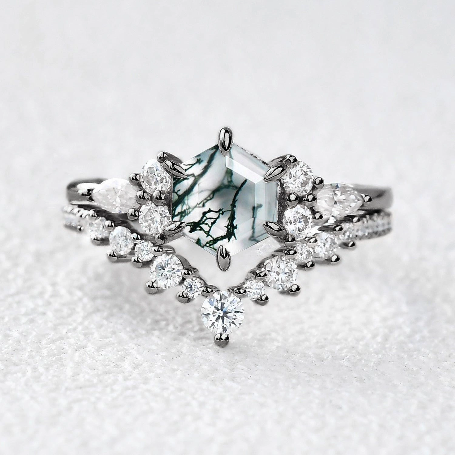 Handmade Shine Quiet Look Black Gold Perfect Hexagon Cut Moss Agate Engagement Ring Set 2pcs