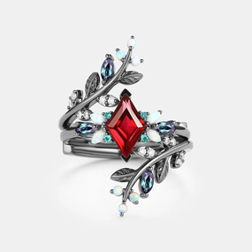 Gloss Appeal date night look Black Gold Ruby & Opal & Emerald Cage Leafy Engagement Ring 2pcs - Knight