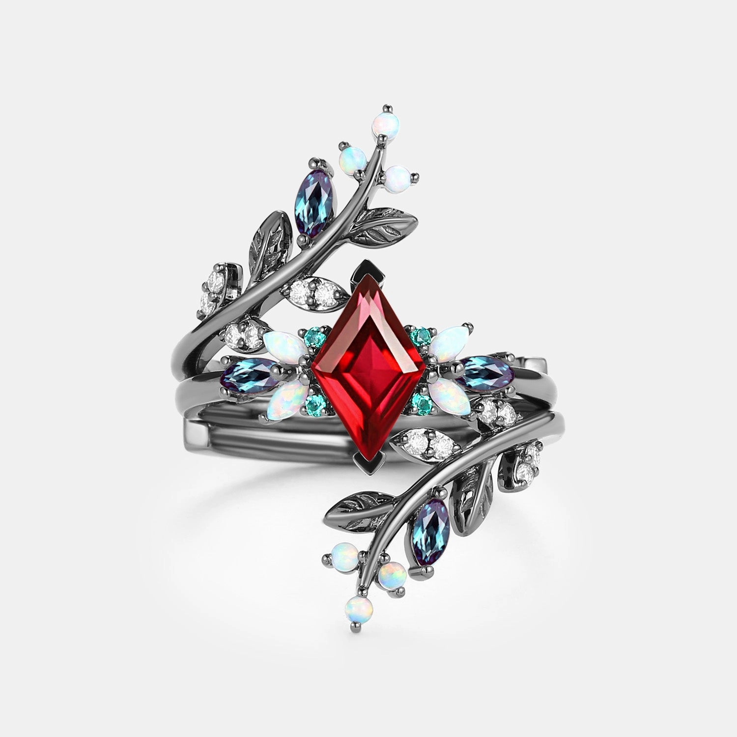 Luxury Design Pieces Dreamy Mood Black Gold Ruby & Opal & Emerald Cage Leafy Engagement Ring 2pcs - Knight