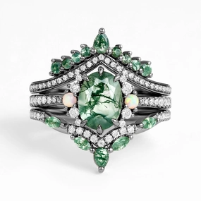 Black Gold Unique Oval Cut Moss Agate Opal Engagement Ring Set 3pcs - Ethan Delicate Detail
