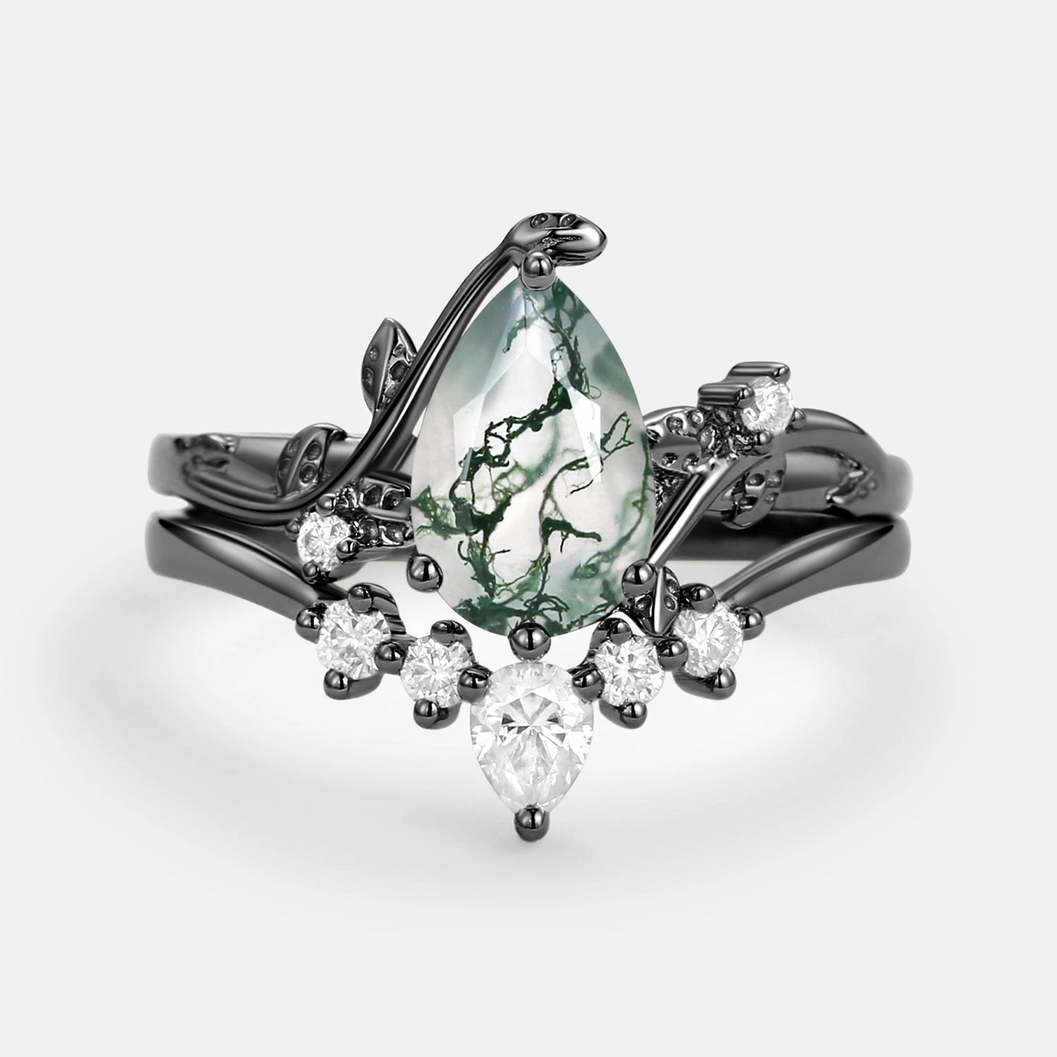 Petite Accent Black Gold Unique Pear Shaped Moss Agate Leafy Bridal Ring Sets 2pcs - Willow