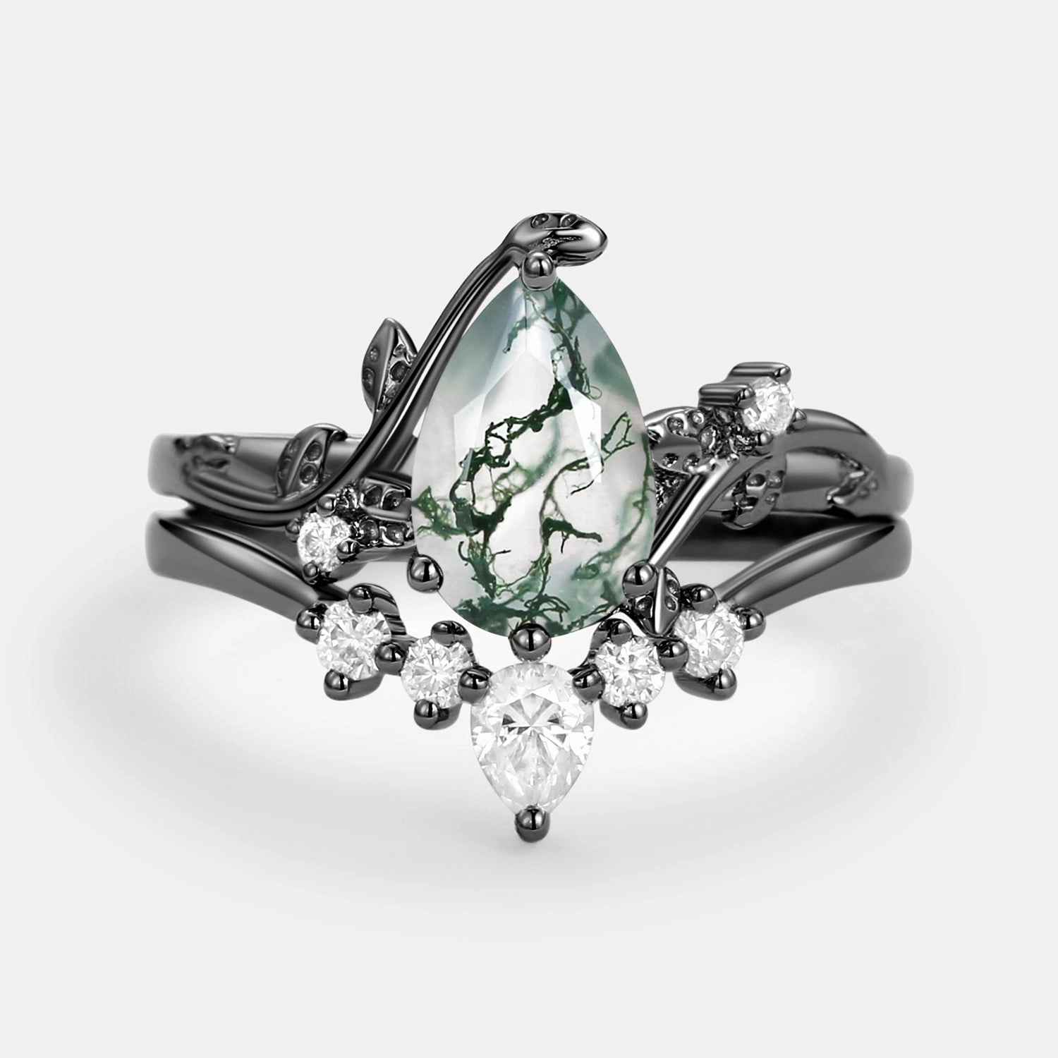 Modern Edge Premium Sparkle Black Gold Unique Pear Shaped Moss Agate Leafy Bridal Ring Sets 2pcs - Willow