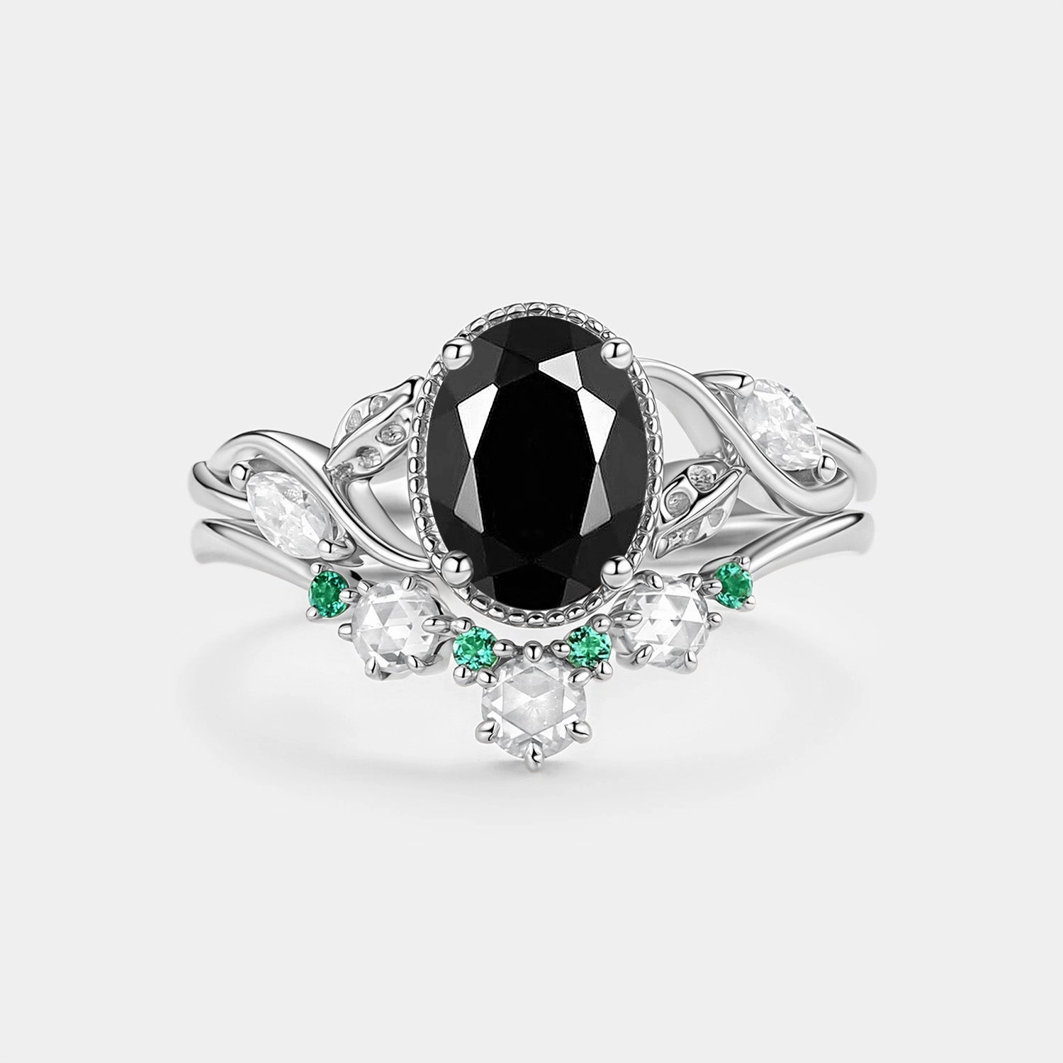 Fashionable Piece Black Moissanite & Lab Emerald Oval Cut Leaf Ring Set 2pcs - Lora