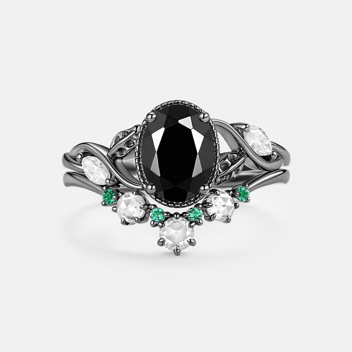 Black Moissanite & Lab Emerald Oval Cut Leaf Ring Set 2pcs - Lora Graceful Vibe