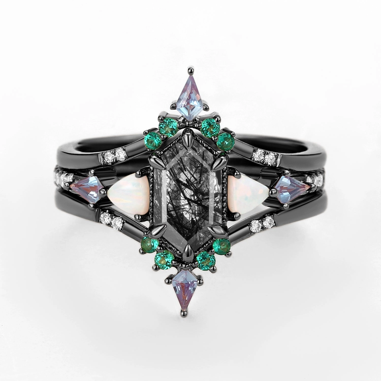 Black Rutilated Quartz & Alexandrite & Emerald Elongated Hexagon Engagement Ring Set 3pcs - Max Fresh Pair