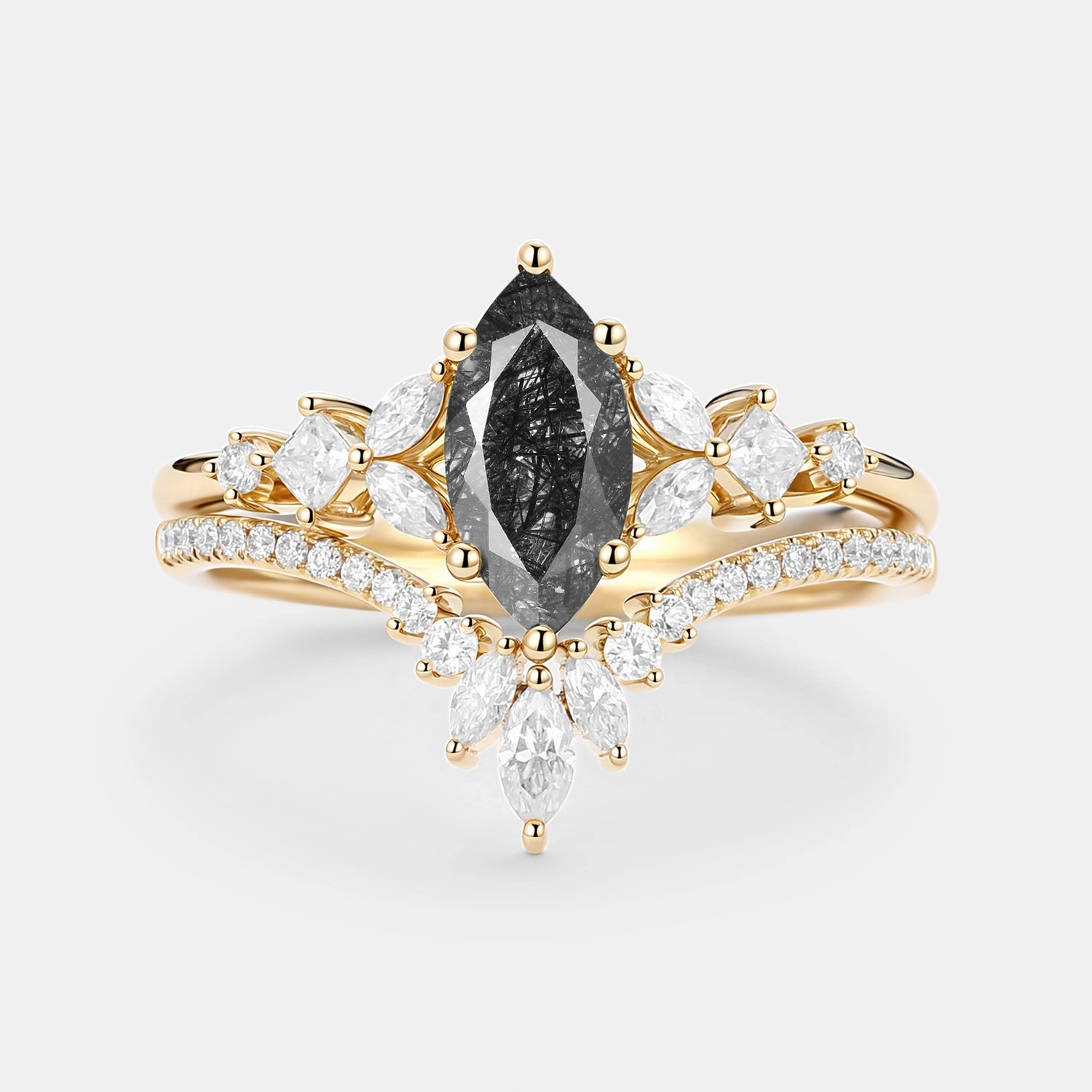 Timeless Detail Black Rutilated Quartz Cluster Vintage Marquise Engagement Ring Set 2pcs - Lumenis