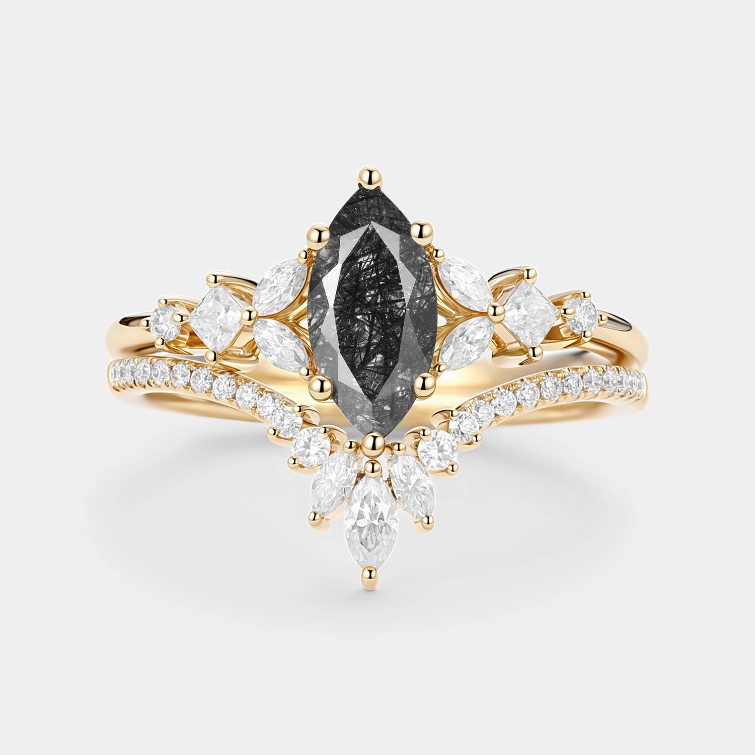 Precious Gifts Soft Glimmer Black Rutilated Quartz Cluster Vintage Marquise Engagement Ring Set 2pcs - Lumenis