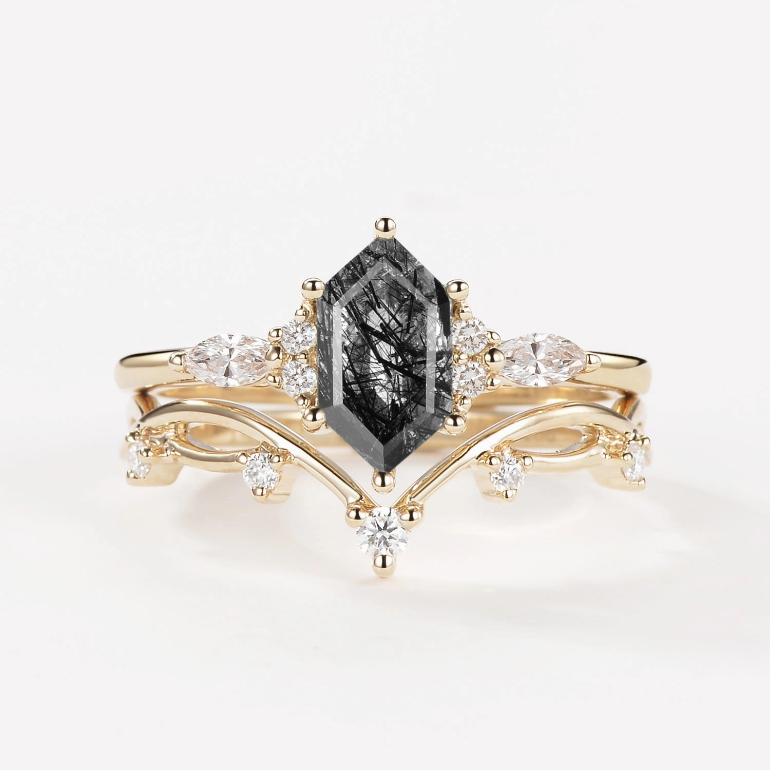 Autumn Accent Camera Glow Black Rutilated Quartz Elongated Hexagon Engagement Ring Set 2pcs - Ona