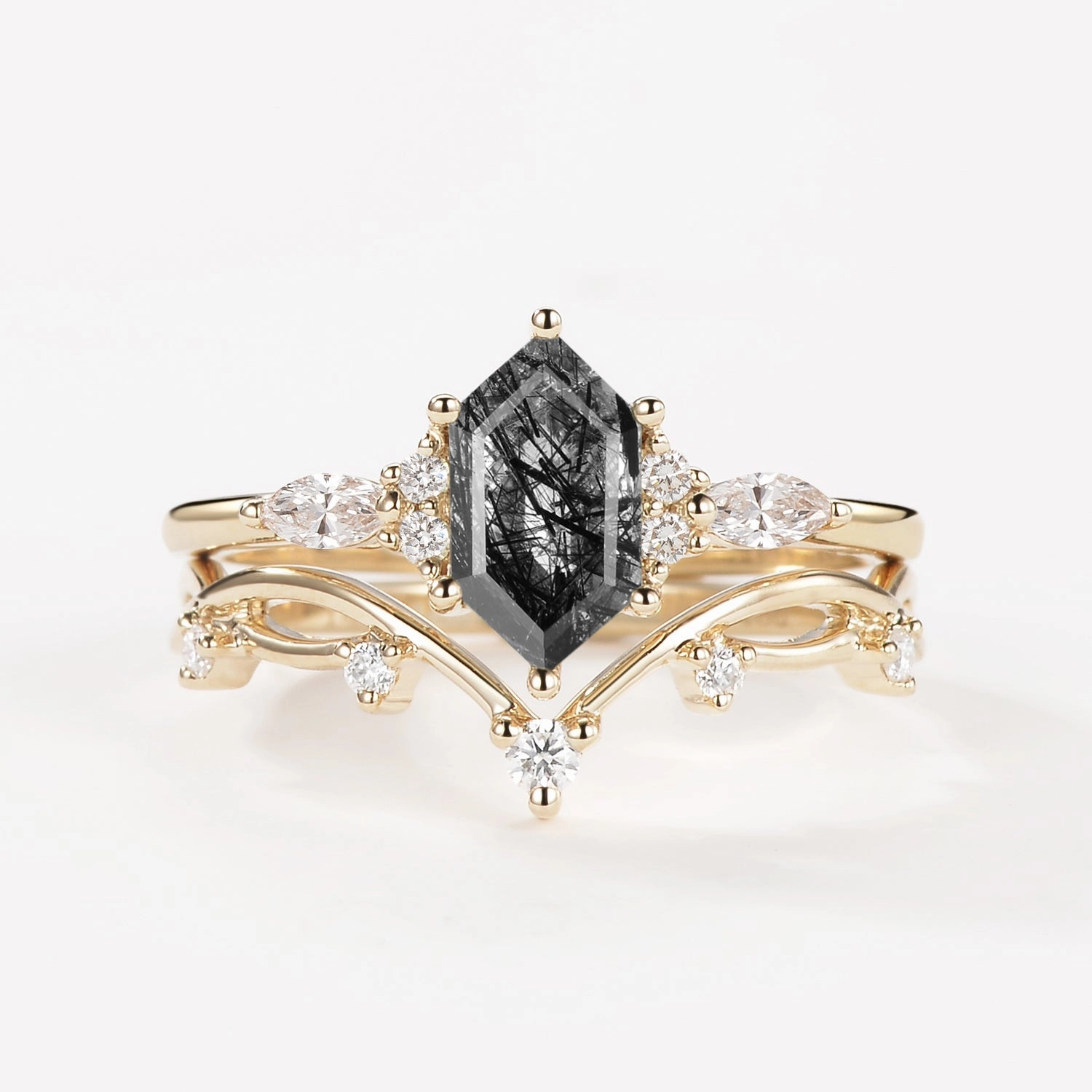 Pastel Look Detail Focus Black Rutilated Quartz Elongated Hexagon Engagement Ring Set 2pcs - Ona