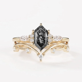 Pastel Look Detail Focus Black Rutilated Quartz Elongated Hexagon Engagement Ring Set 2pcs - Ona
