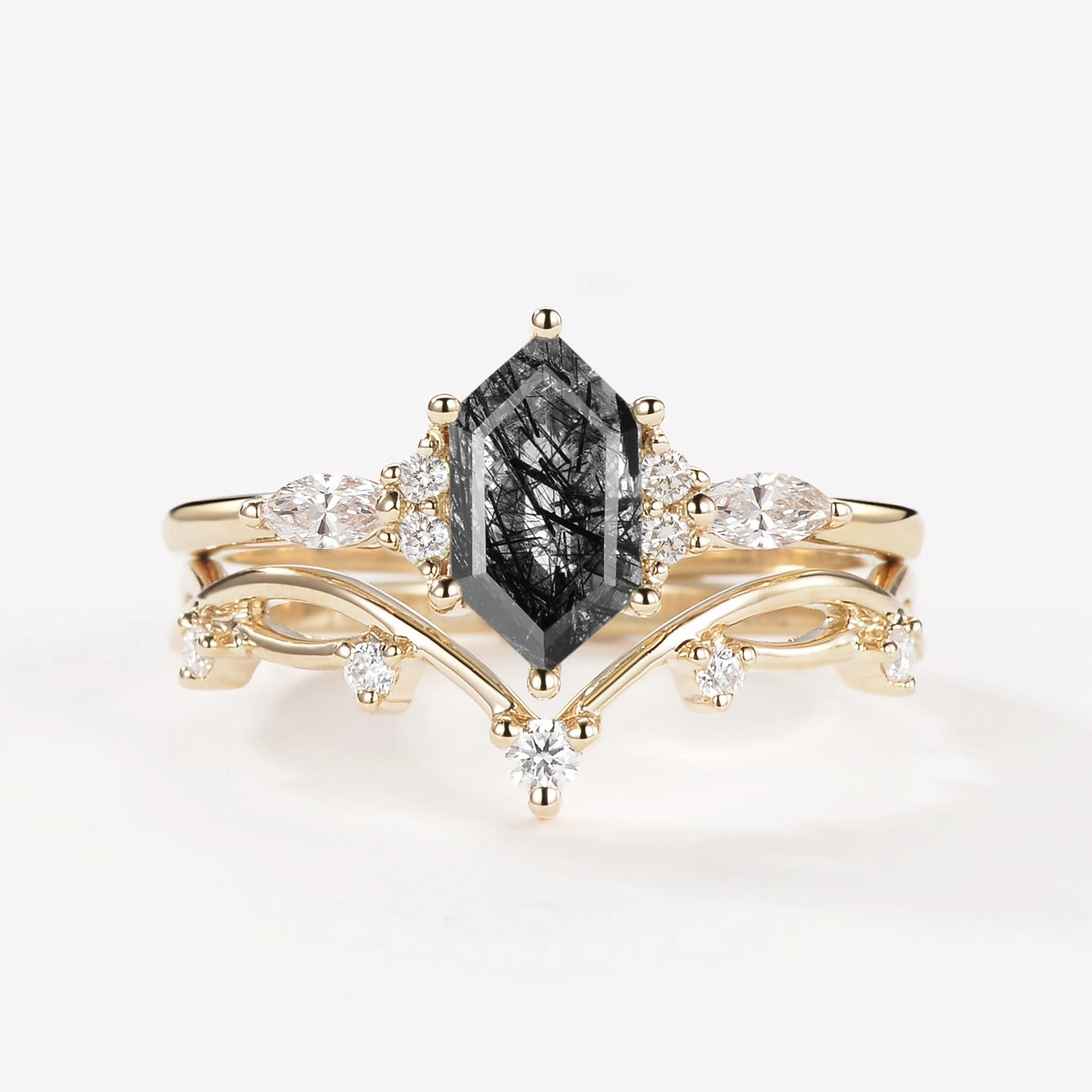 Luxury Choice Refined Shape Black Rutilated Quartz Elongated Hexagon Engagement Ring Set 2pcs - Ona