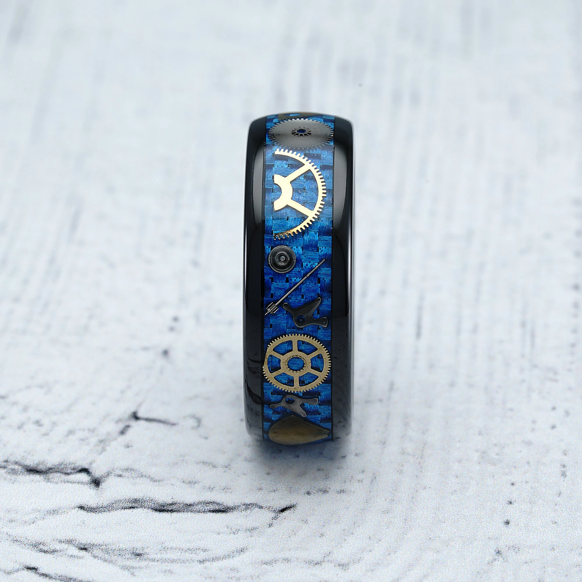 Black Tungsten Rings for Men Watch Gear Blue Carbon Fiber Inlaid  Wedding Band Promise Engagement Anniversary Size 6-16 Sturdy Embellishment Timeless Trend