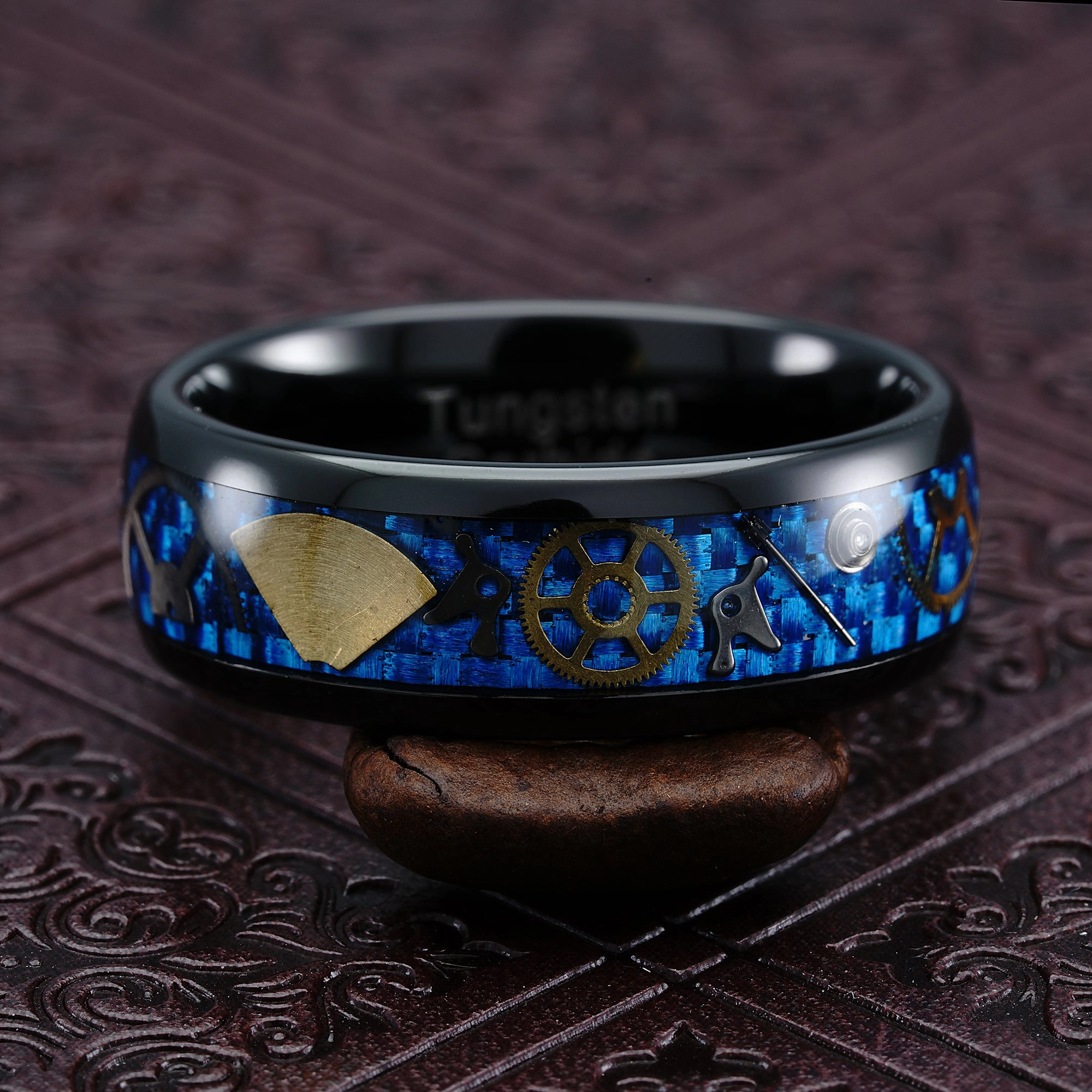 Everyday Present Minimal accessory Black Tungsten Rings for Men Watch Gear Blue Carbon Fiber Inlaid  Wedding Band Promise Engagement Anniversary Size 6-16