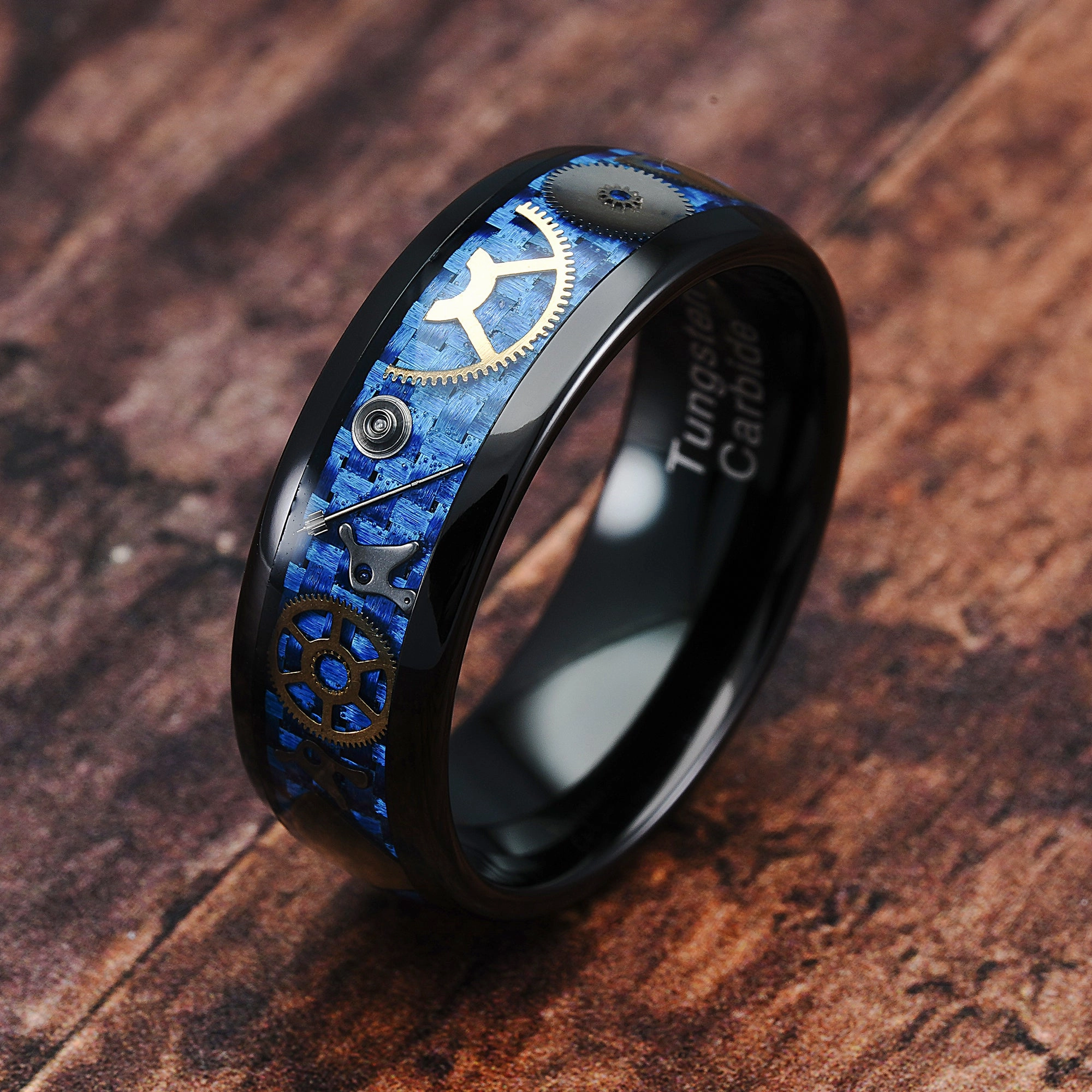Traditional Jewelry All Day Look Black Tungsten Rings for Men Watch Gear Blue Carbon Fiber Inlaid  Wedding Band Promise Engagement Anniversary Size 6-16