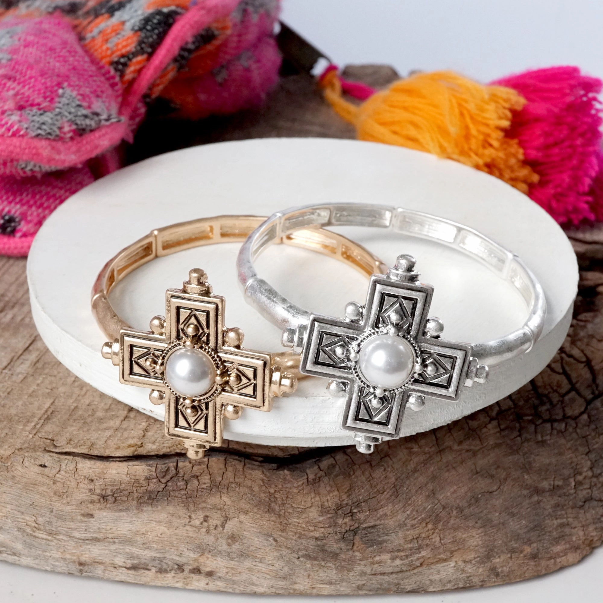 Mythical Vision Eye-Catching Detail Boho Cross Drop Statement Bangles ?C Gold & Silver Tones