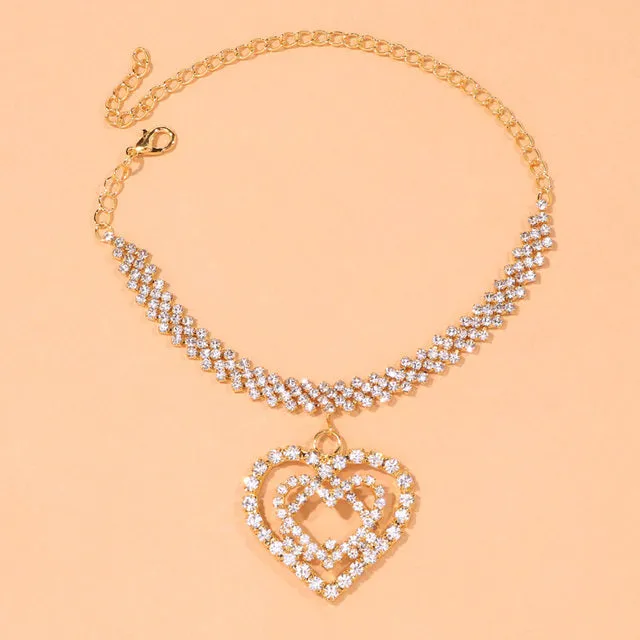 Bling Rhinestone Double Heart Anklet Jewelry for Women