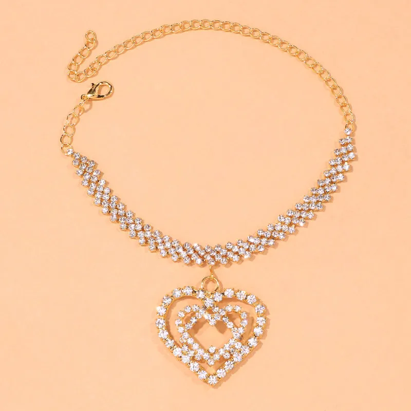 Bling Rhinestone Double Heart Anklet Jewelry for Women