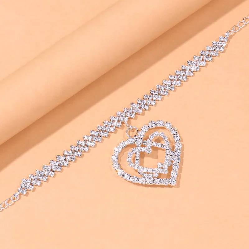 Bling Rhinestone Double Heart Anklet Jewelry for Women