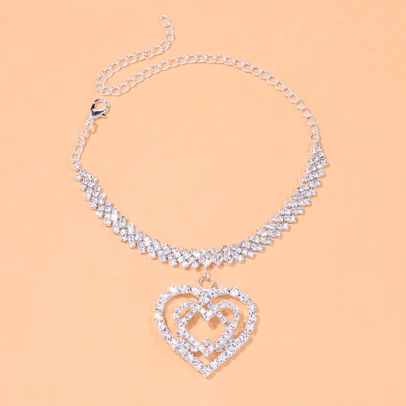 Bling Rhinestone Double Heart Anklet Jewelry for Women