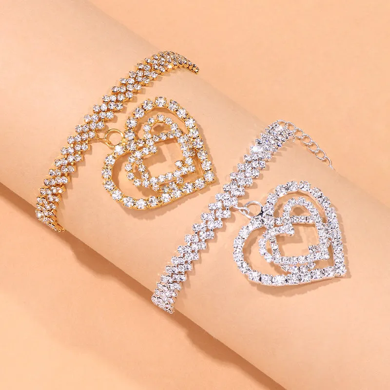 Bling Rhinestone Double Heart Anklet Jewelry for Women