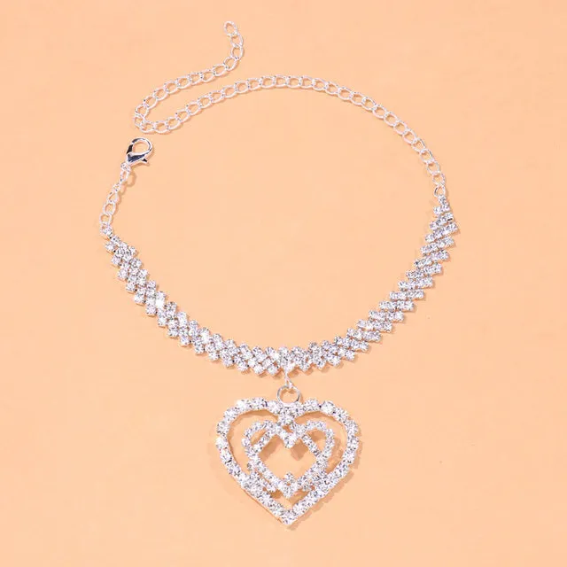 Bling Rhinestone Double Heart Anklet Jewelry for Women