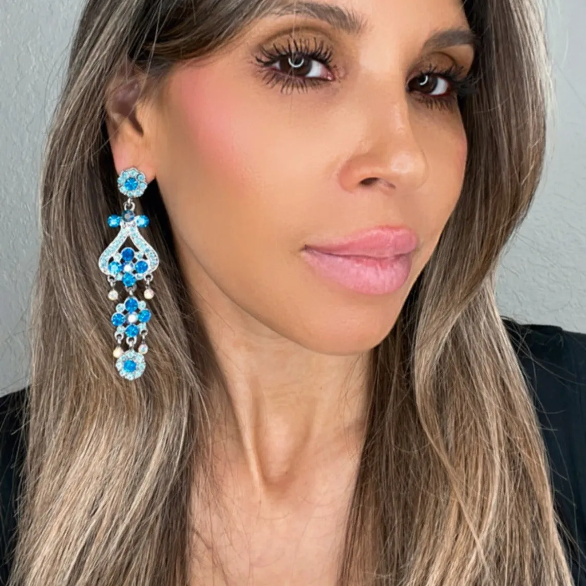 Blue Crystal Chandelier Statement Earrings