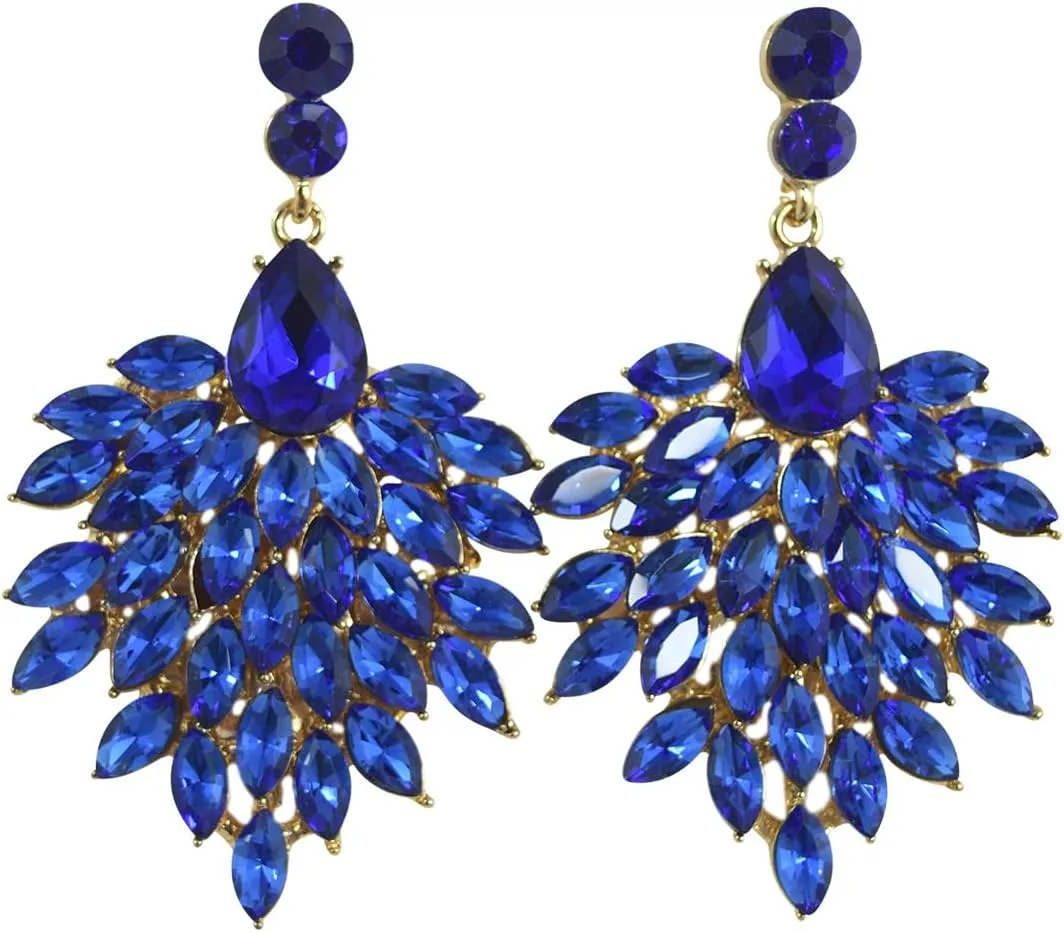 Blue Crystal Feather Chandelier Earrings for Wedding, Prom, and Evening Party