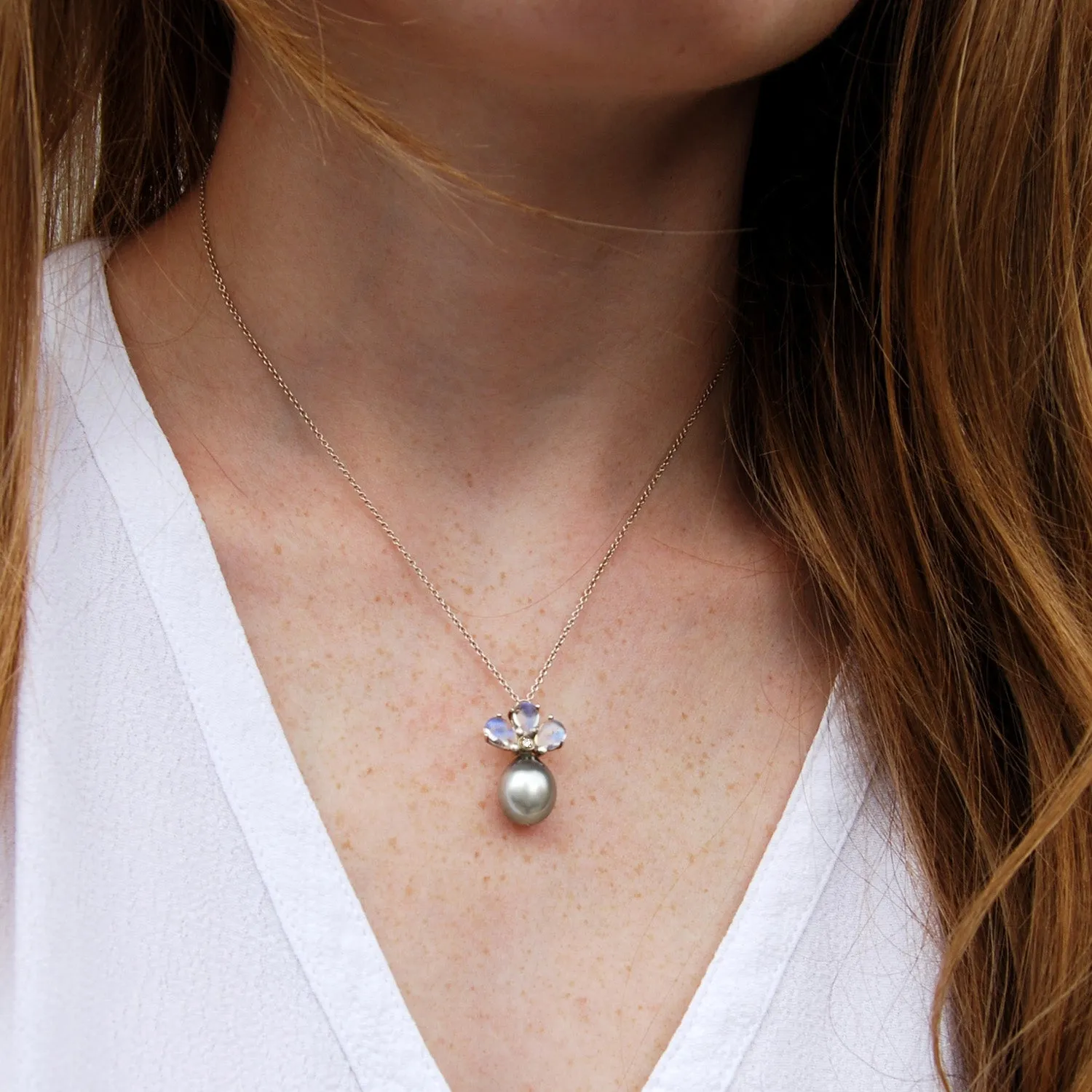 Blue Tahitian Pearl, Diamond & Moonstone Pendant