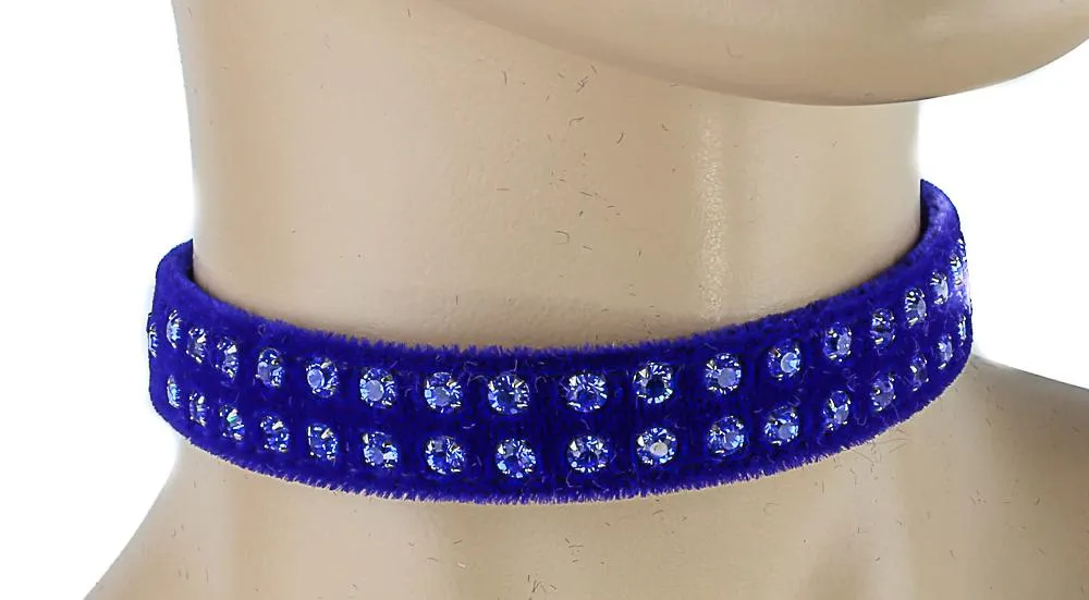 Blue Velvet Choker With Two Rows Rhinestones